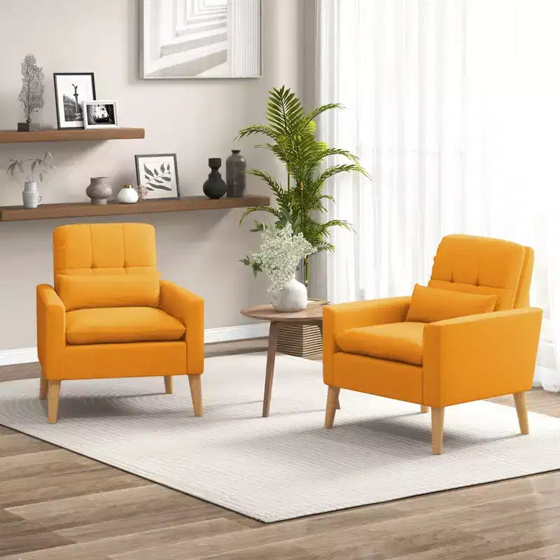 Upholstered Tufted Accent Armchair with Lumbar Pillow and Rubber Wood Legs, Set of 2