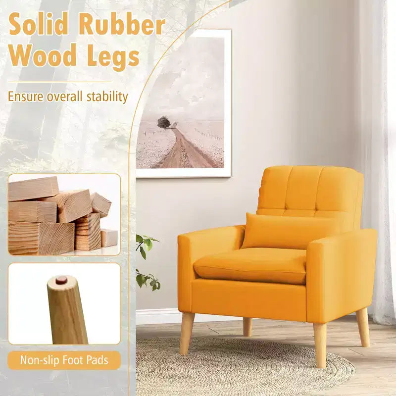 Upholstered Tufted Accent Armchair with Lumbar Pillow and Rubber Wood Legs, Set of 2