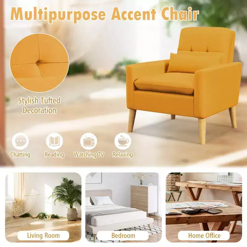 Upholstered Tufted Accent Armchair with Lumbar Pillow and Rubber Wood Legs, Set of 2